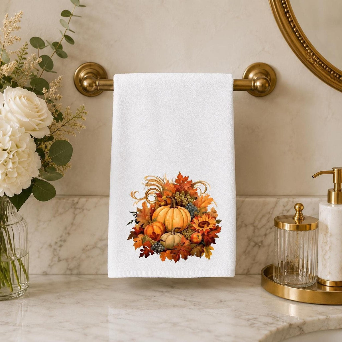 Fall Hand Towel with Pumpkin Design, Autumn Bathroom Decor in Cotton Terry