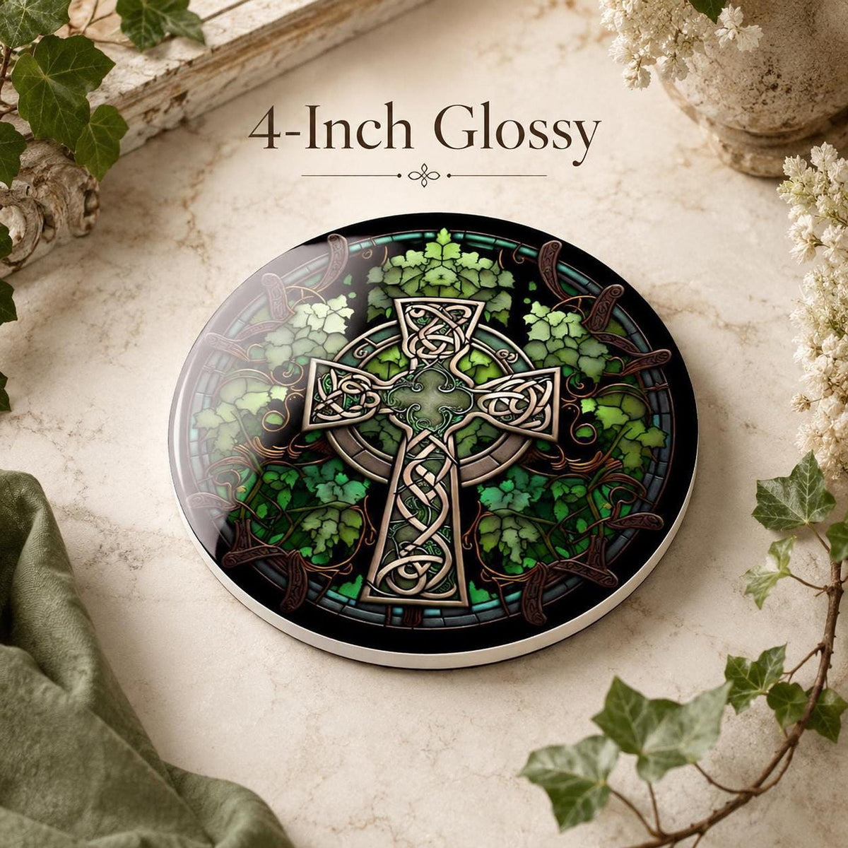 Celtic Coaster, Green Ceramic Drink Mat with Glossy or Matte Finish