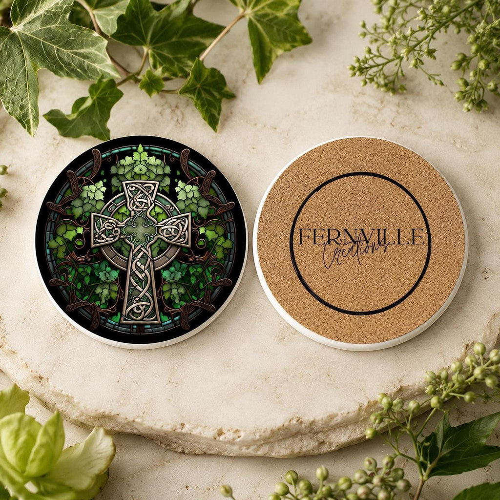 Celtic Coaster, Green Ceramic Drink Mat with Glossy or Matte Finish