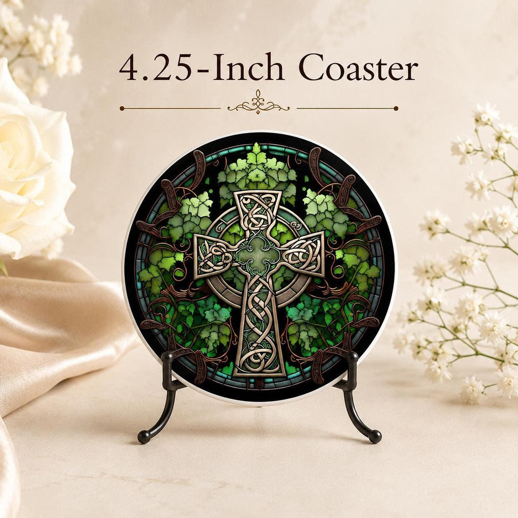 Celtic Coaster, Green Ceramic Drink Mat with Glossy or Matte Finish