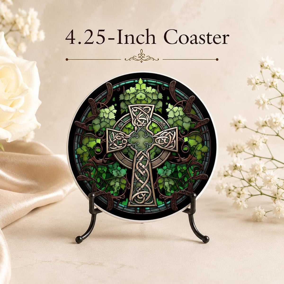 Celtic Coaster, Green Ceramic Drink Mat with Glossy or Matte Finish