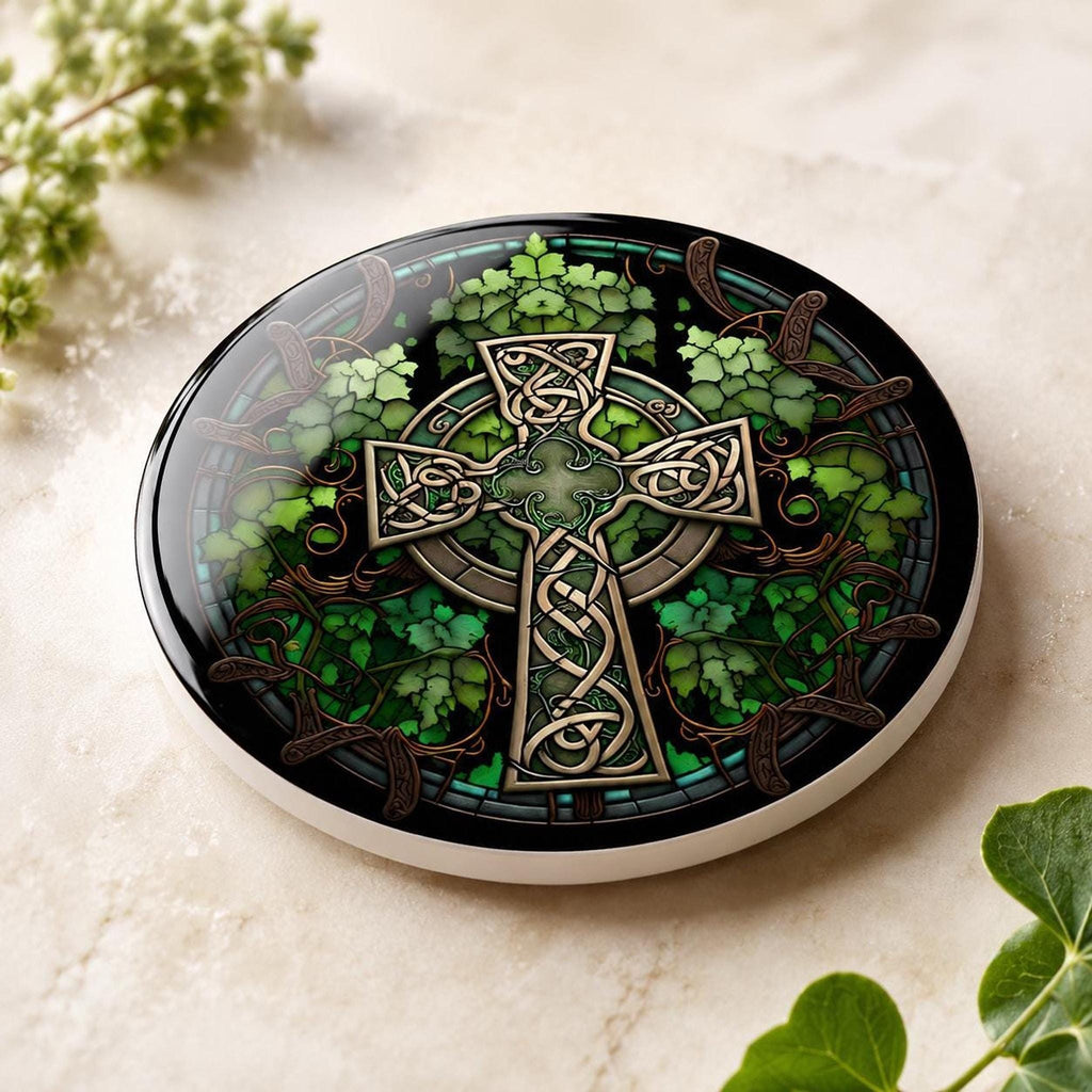 Celtic Coaster, Green Ceramic Drink Mat with Glossy or Matte Finish