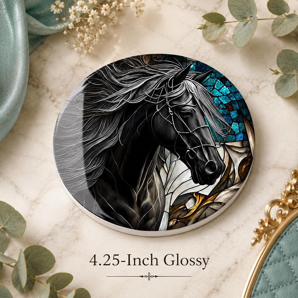 Horse Coaster, Black Ceramic with Art Glass Style Design