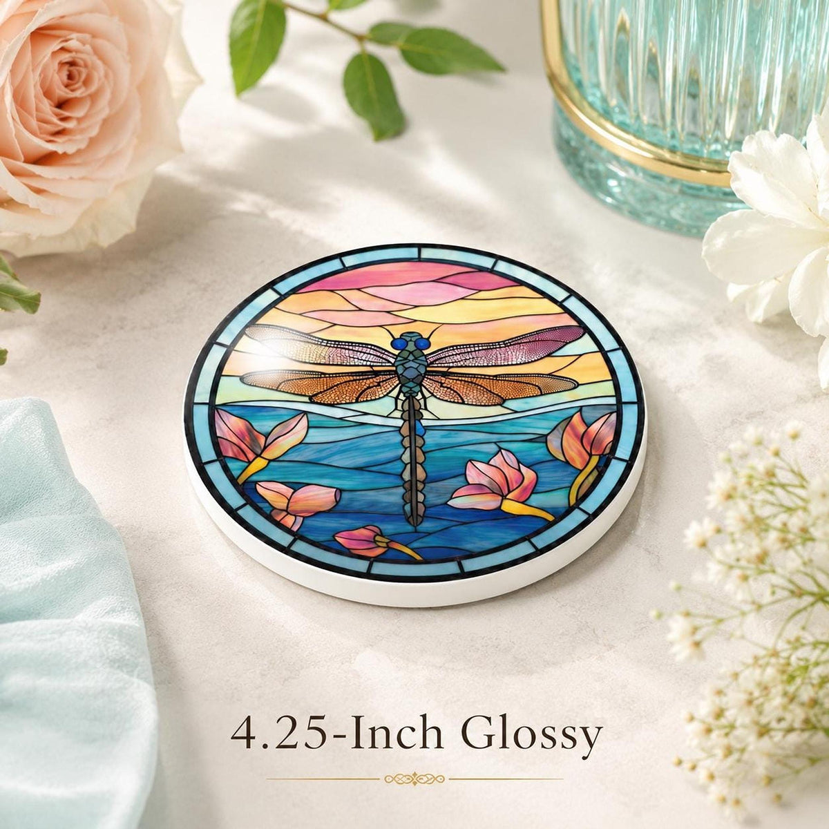 Dragonfly Coaster, Floral Drink Mat with Water Lily Design