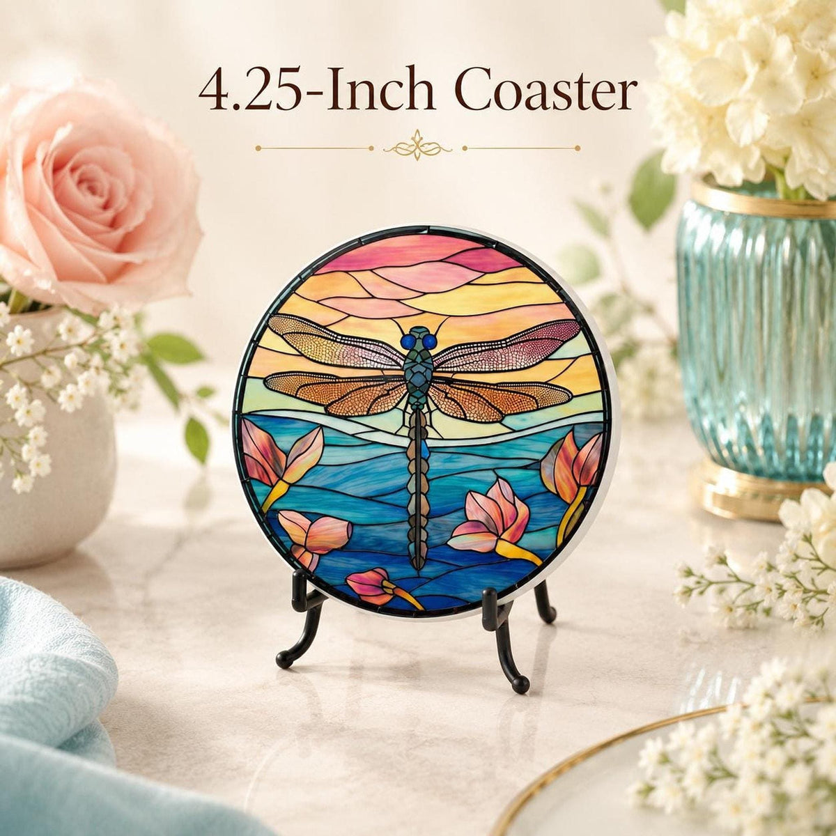 Dragonfly Coaster, Floral Drink Mat with Water Lily Design