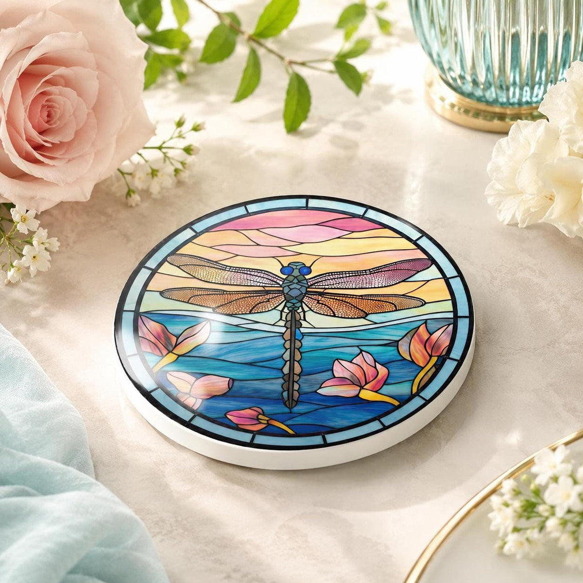 Dragonfly Coaster, Floral Drink Mat with Water Lily Design