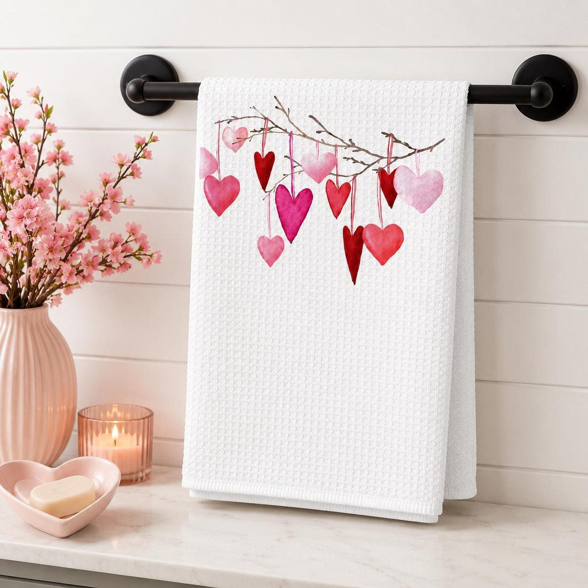 Valentine Towel with Watercolor Heart Design in Soft Microfiber
