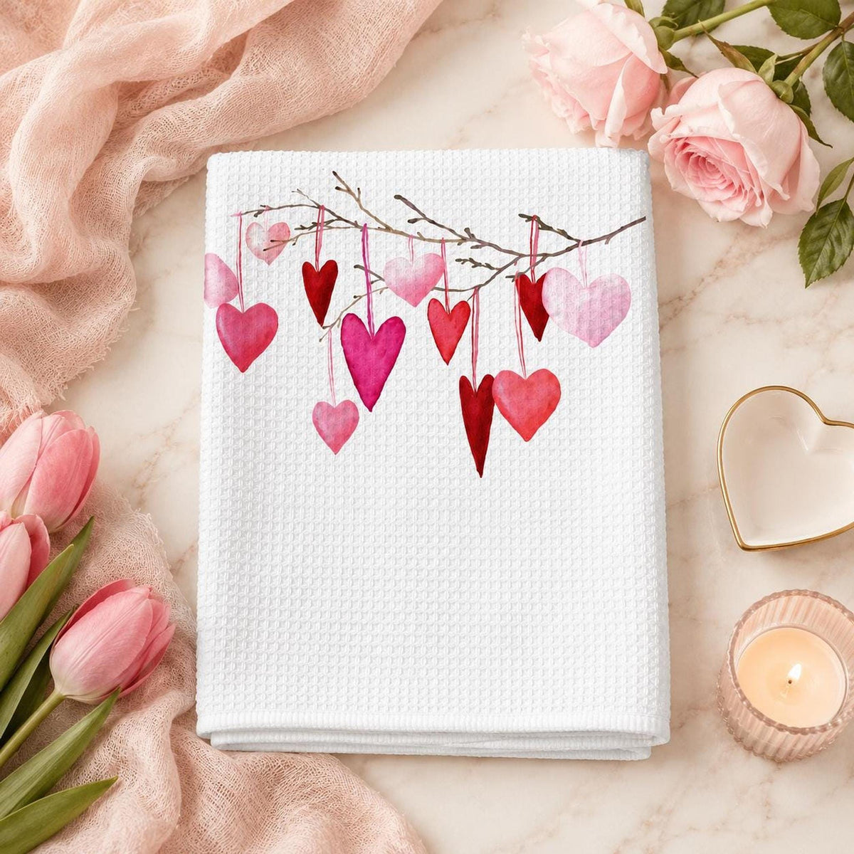 Valentine Towel with Watercolor Heart Design in Soft Microfiber