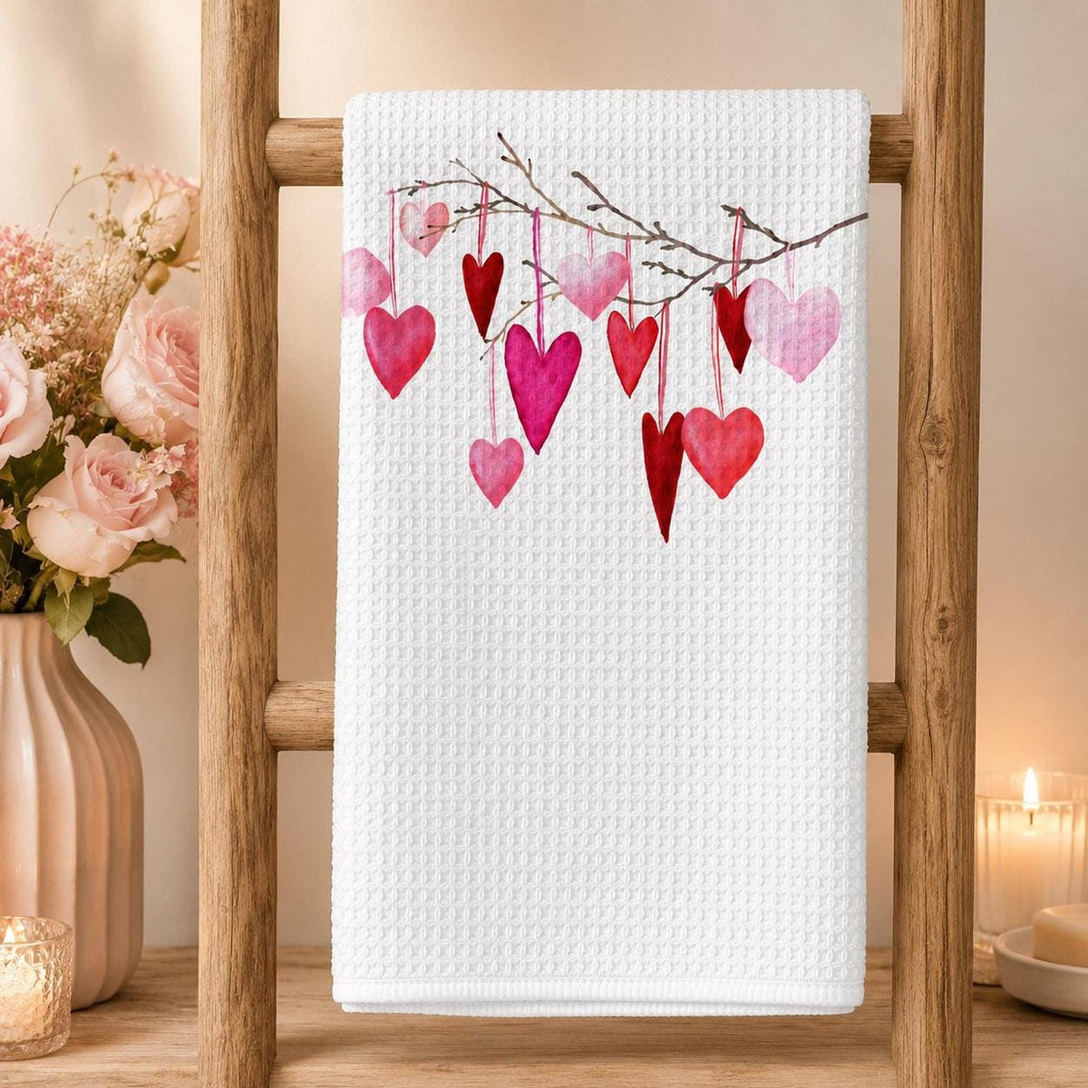 Valentine Towel with Watercolor Heart Design in Soft Microfiber