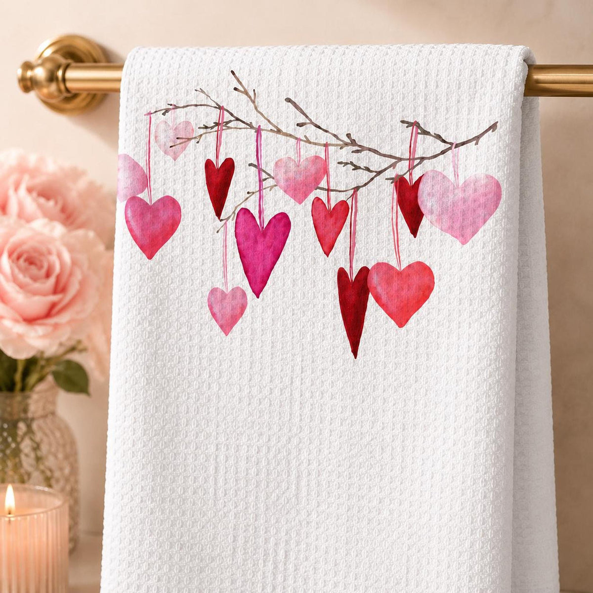 Valentine Towel with Watercolor Heart Design in Soft Microfiber