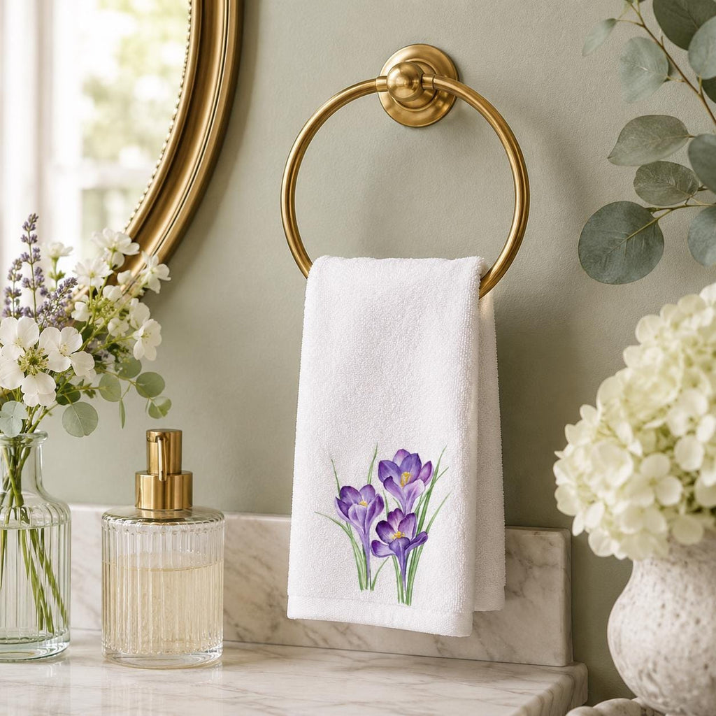 Purple Crocus Fingertip Towel, Spring Floral Guest Bath Decor