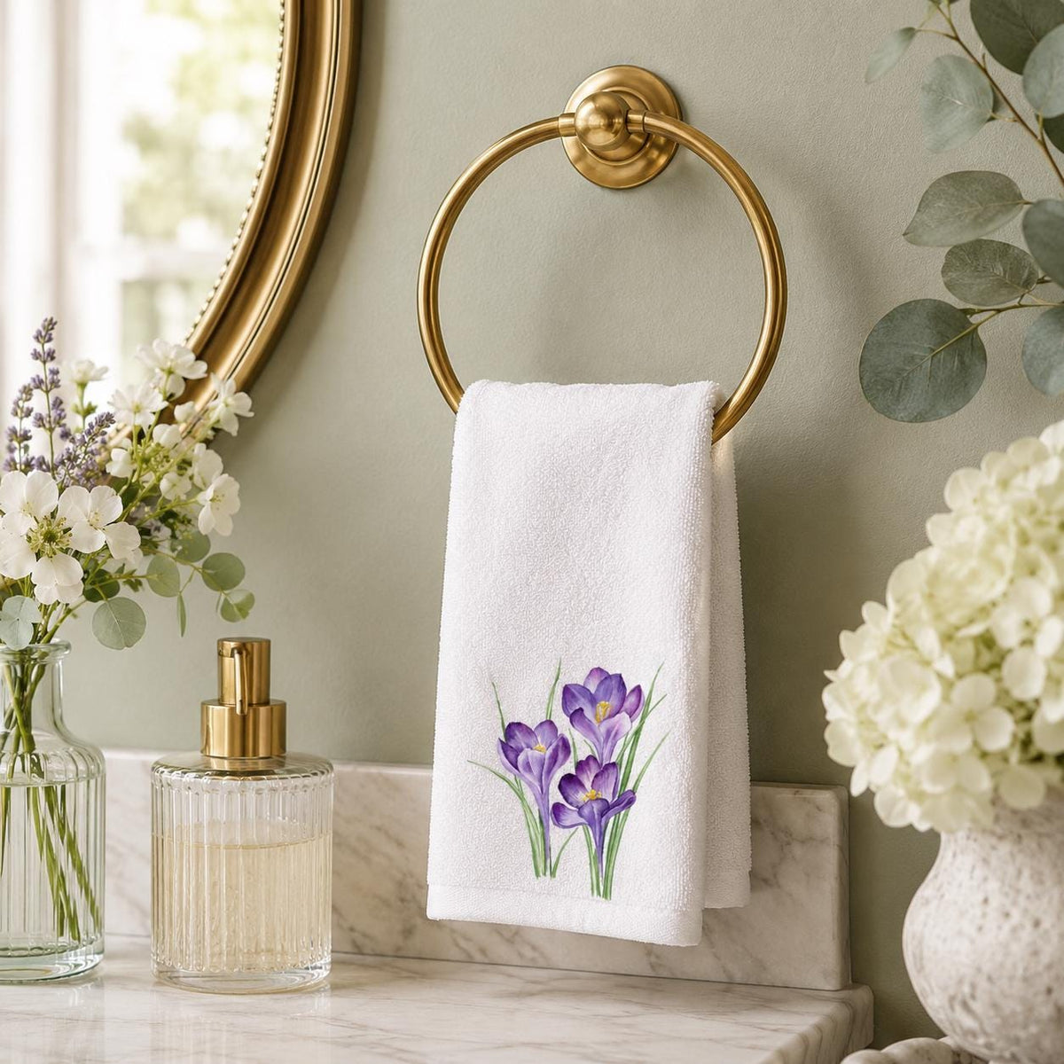 Purple Crocus Fingertip Towel, Spring Floral Guest Bath Decor