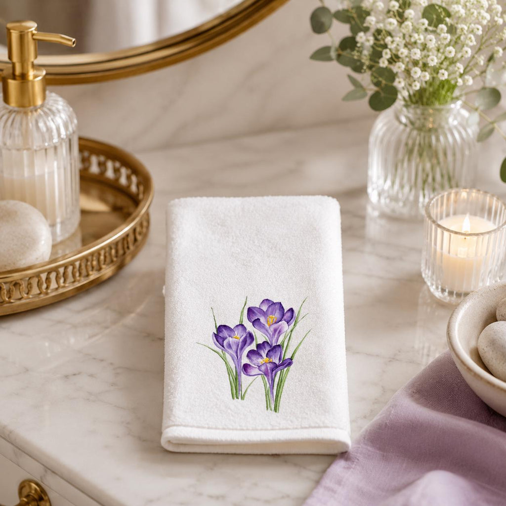 Purple Crocus Fingertip Towel, Spring Floral Guest Bath Decor