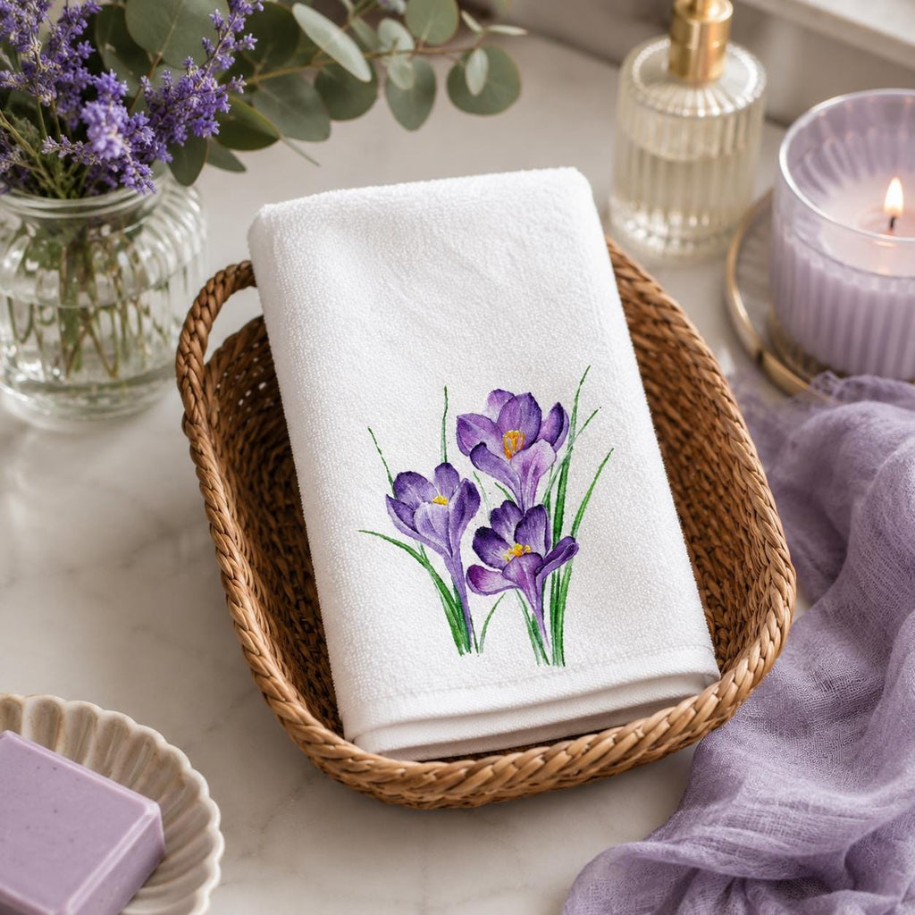 Purple Crocus Fingertip Towel, Spring Floral Guest Bath Decor