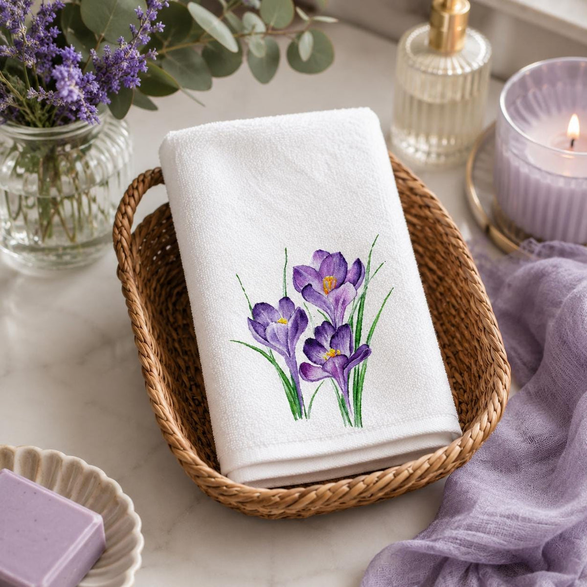 Purple Crocus Fingertip Towel, Spring Floral Guest Bath Decor