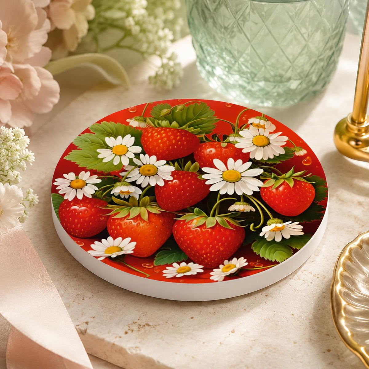 Strawberry Daisy Ceramic Coaster, Round Fruit Drink Mat, Cottage Kitchen Decor