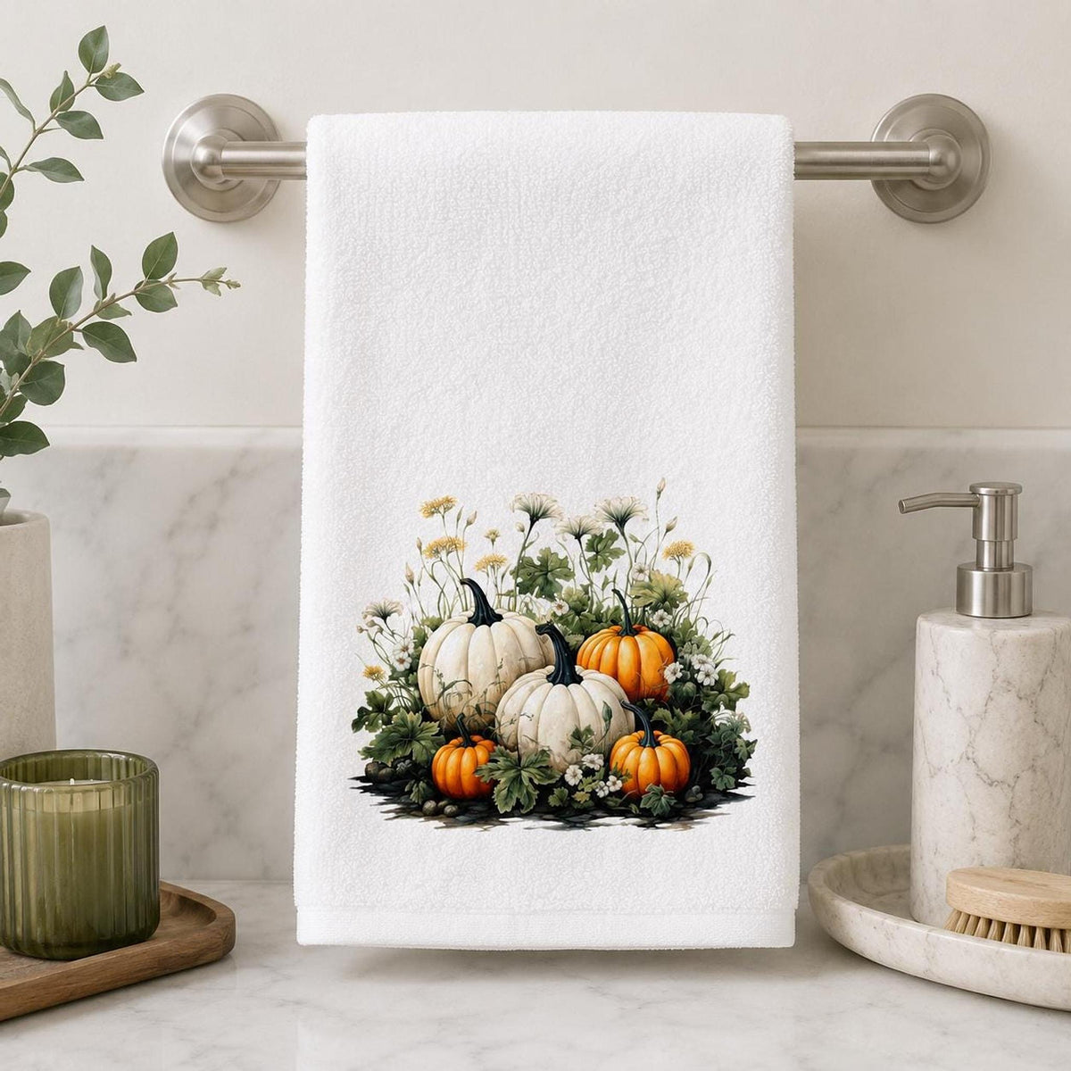 White Pumpkin Towel, Elegant Fall Decor for Autumn Harvest