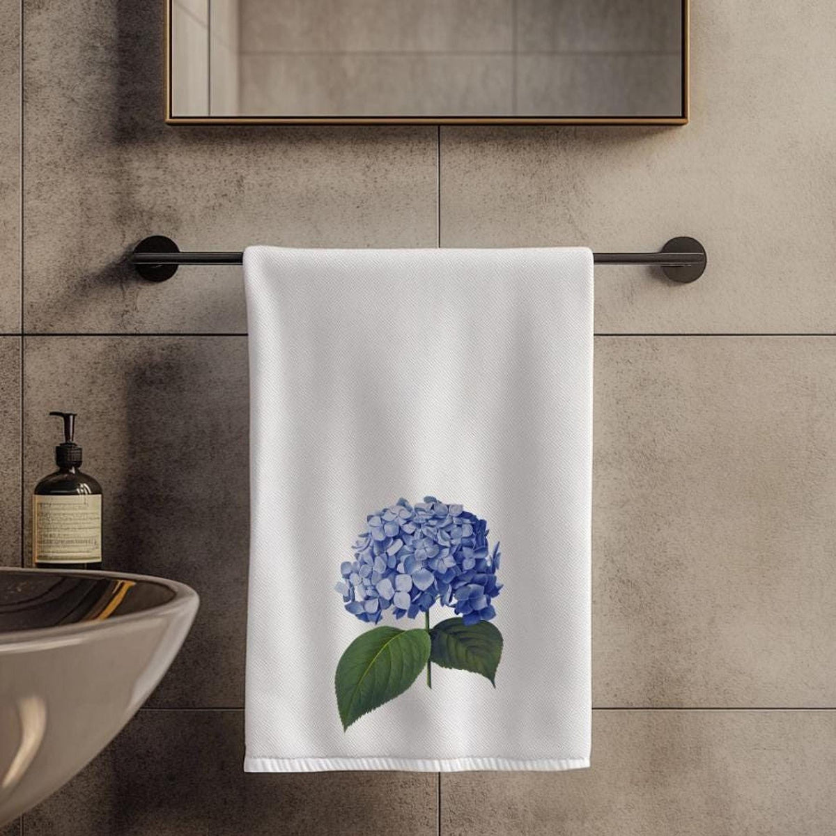 Hydrangea Towel, Blue Floral Hand in Cotton Terry Cloth