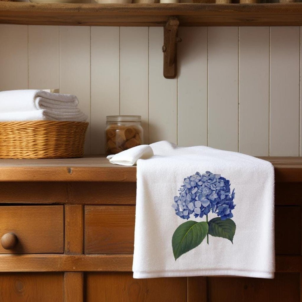 Hydrangea Towel, Blue Floral Hand in Cotton Terry Cloth