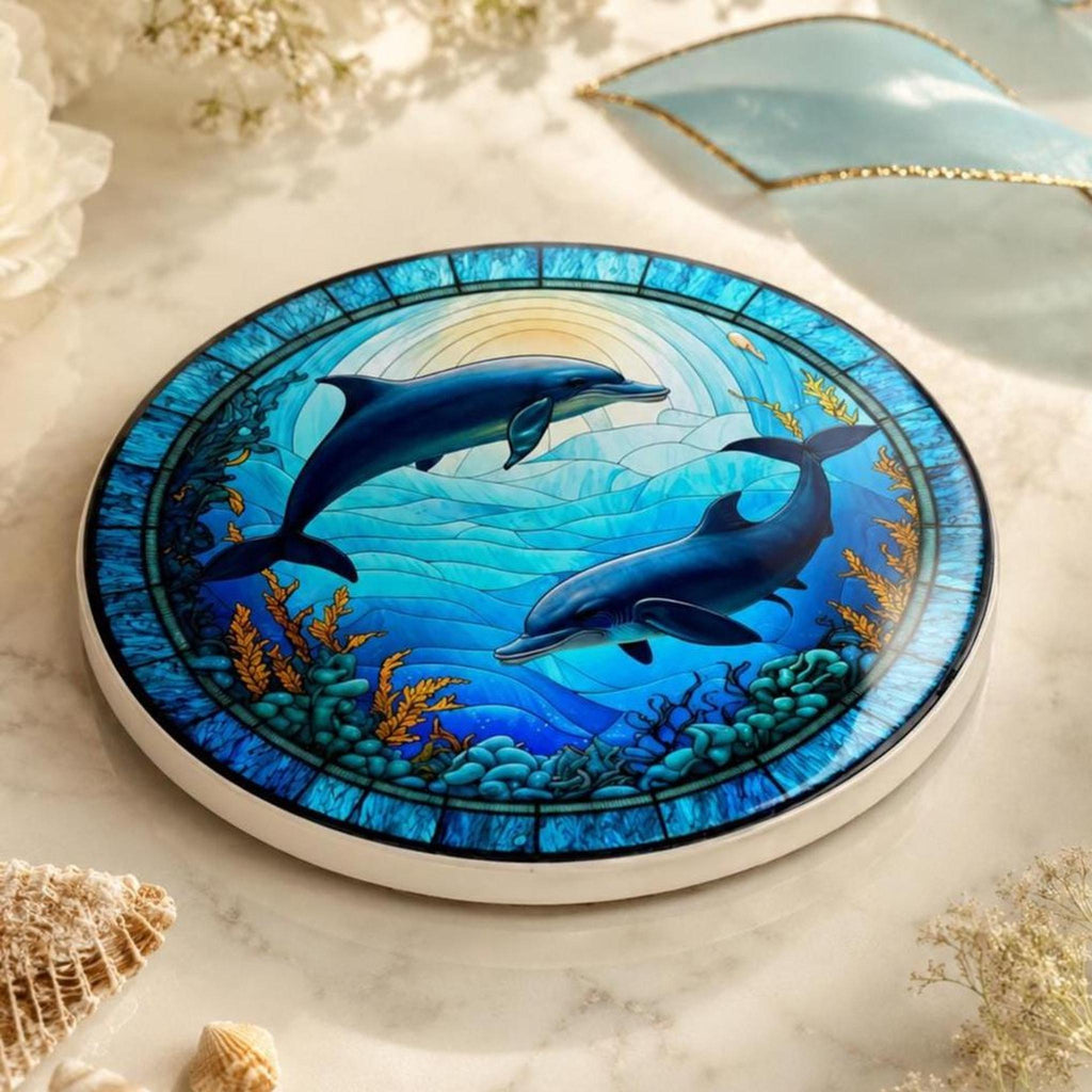 Dolphin Coaster, Colorful Ceramic Drink Holder with Ocean Wildlife Art