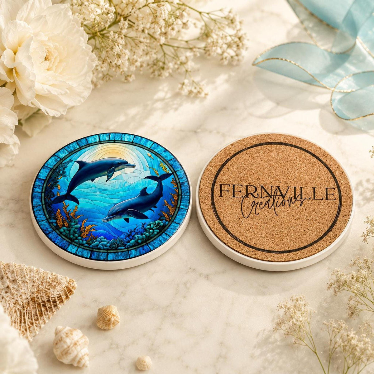Dolphin Coaster, Colorful Ceramic Drink Holder with Ocean Wildlife Art