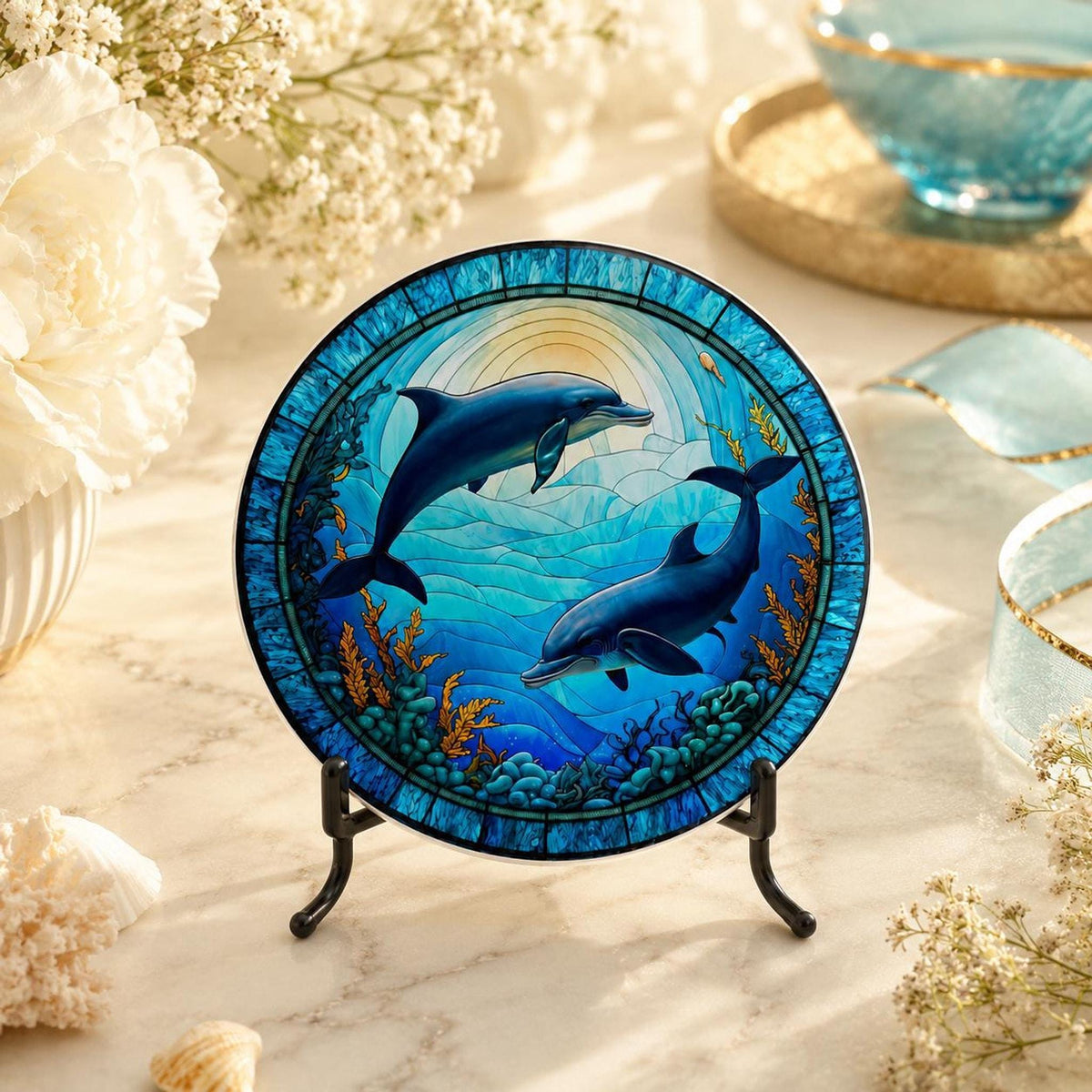 Dolphin Coaster, Colorful Ceramic Drink Holder with Ocean Wildlife Art