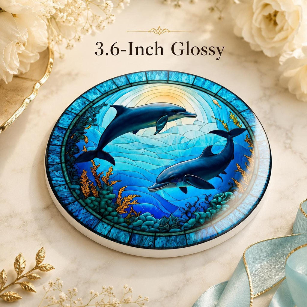 Dolphin Coaster, Colorful Ceramic Drink Holder with Ocean Wildlife Art