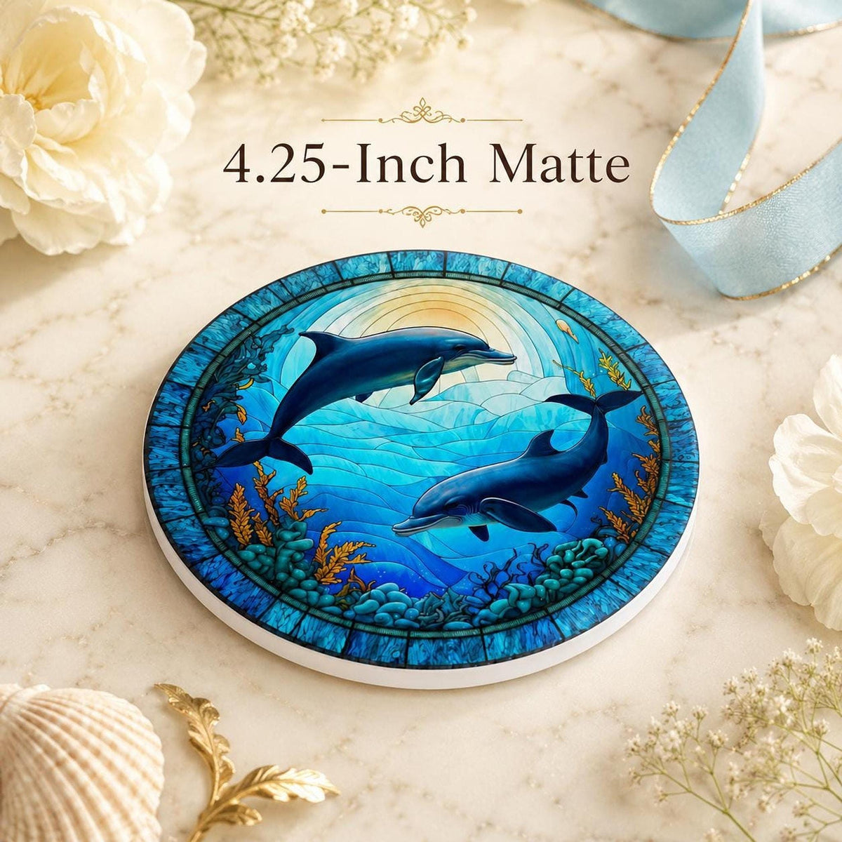 Dolphin Coaster, Colorful Ceramic Drink Holder with Ocean Wildlife Art