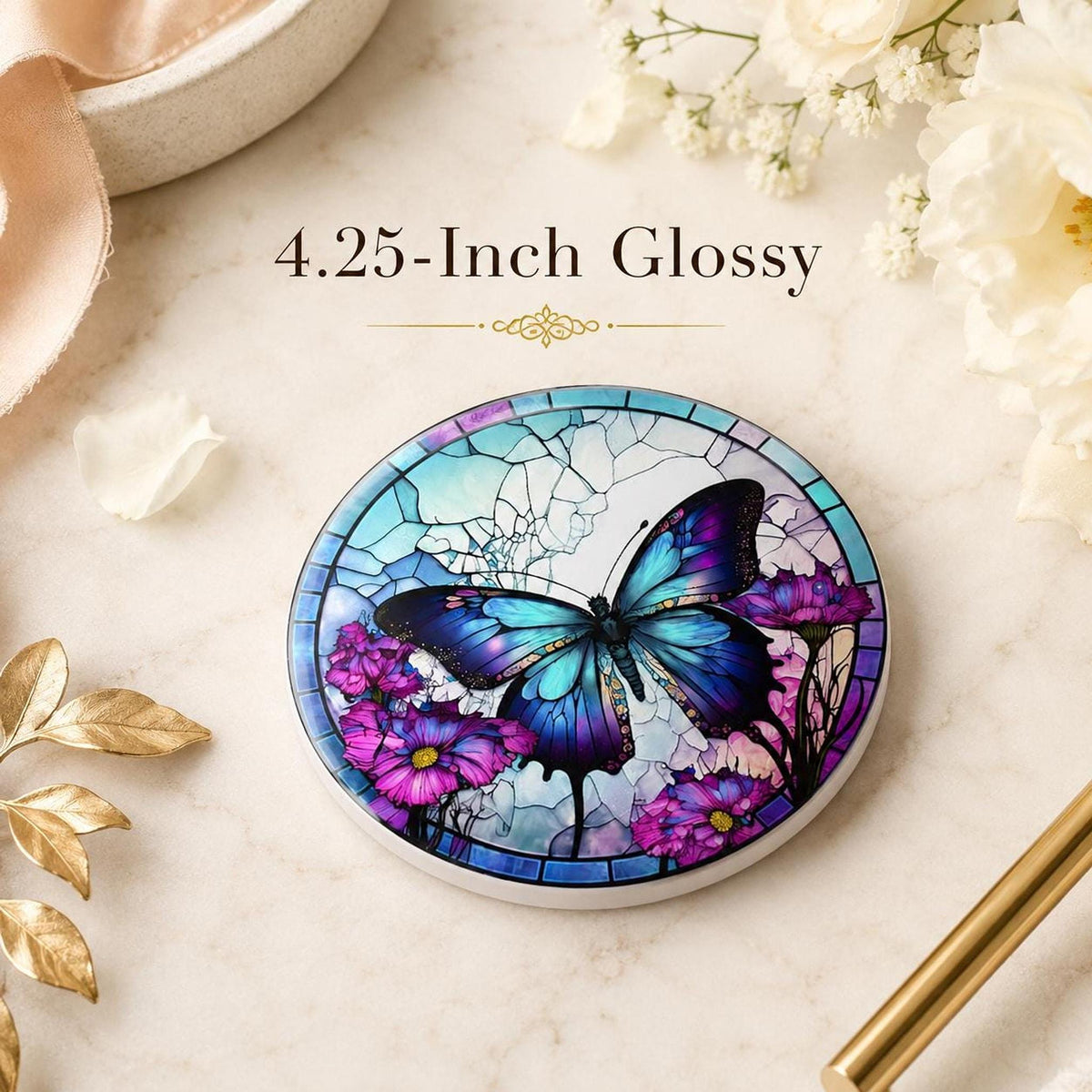 Blue Butterfly Coaster, Colorful Floral Design with Cork Backing