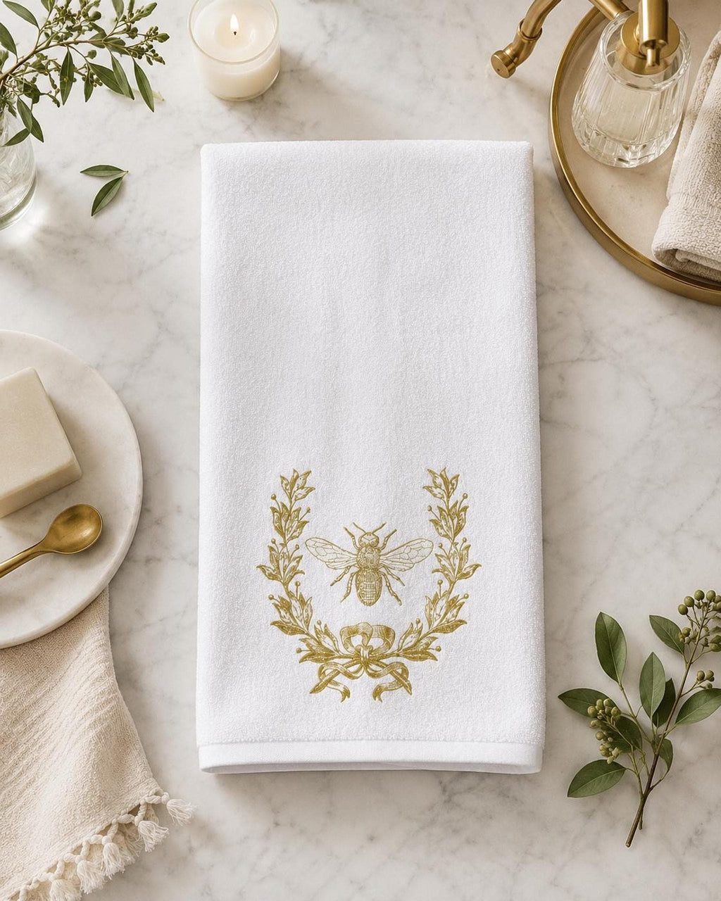 Gold Bee Towel, Elegant Bee and Floral Design for Bath Decor