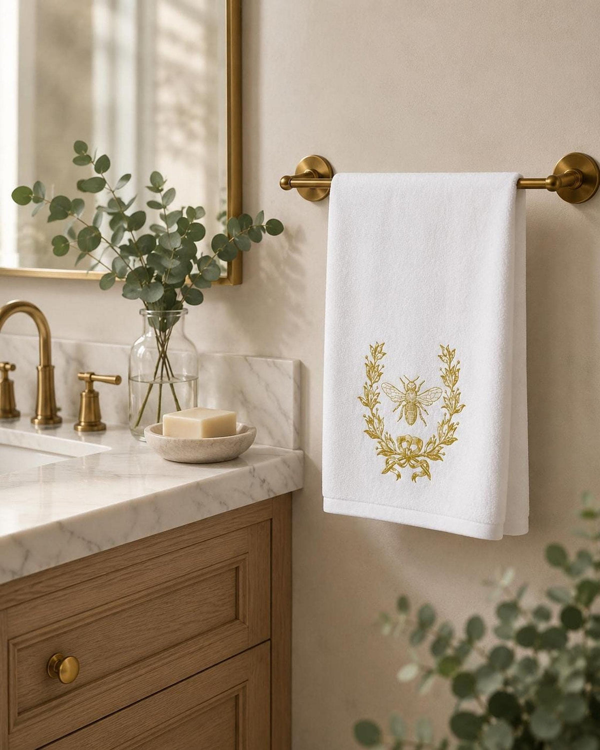 Gold Bee Towel, Elegant Bee and Floral Design for Bath Decor