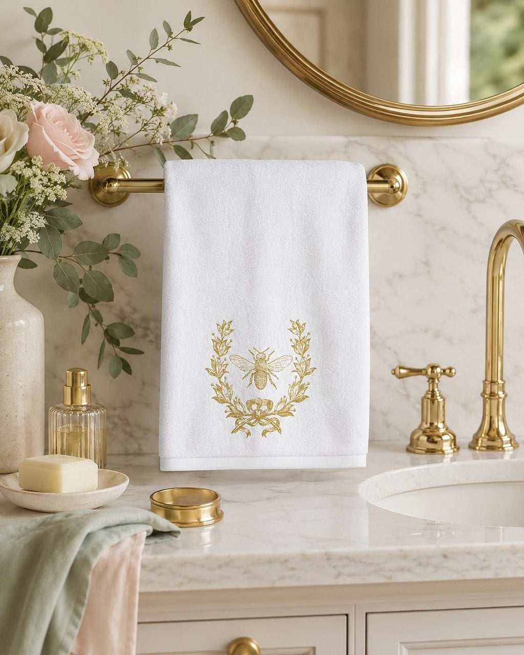 Gold Bee Towel, Elegant Bee and Floral Design for Bath Decor