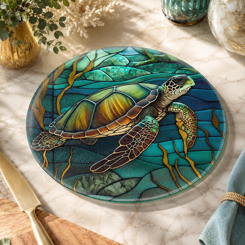 Turtle Cutting Board, Round Tempered Glass Charcuterie Tray with Ocean Design