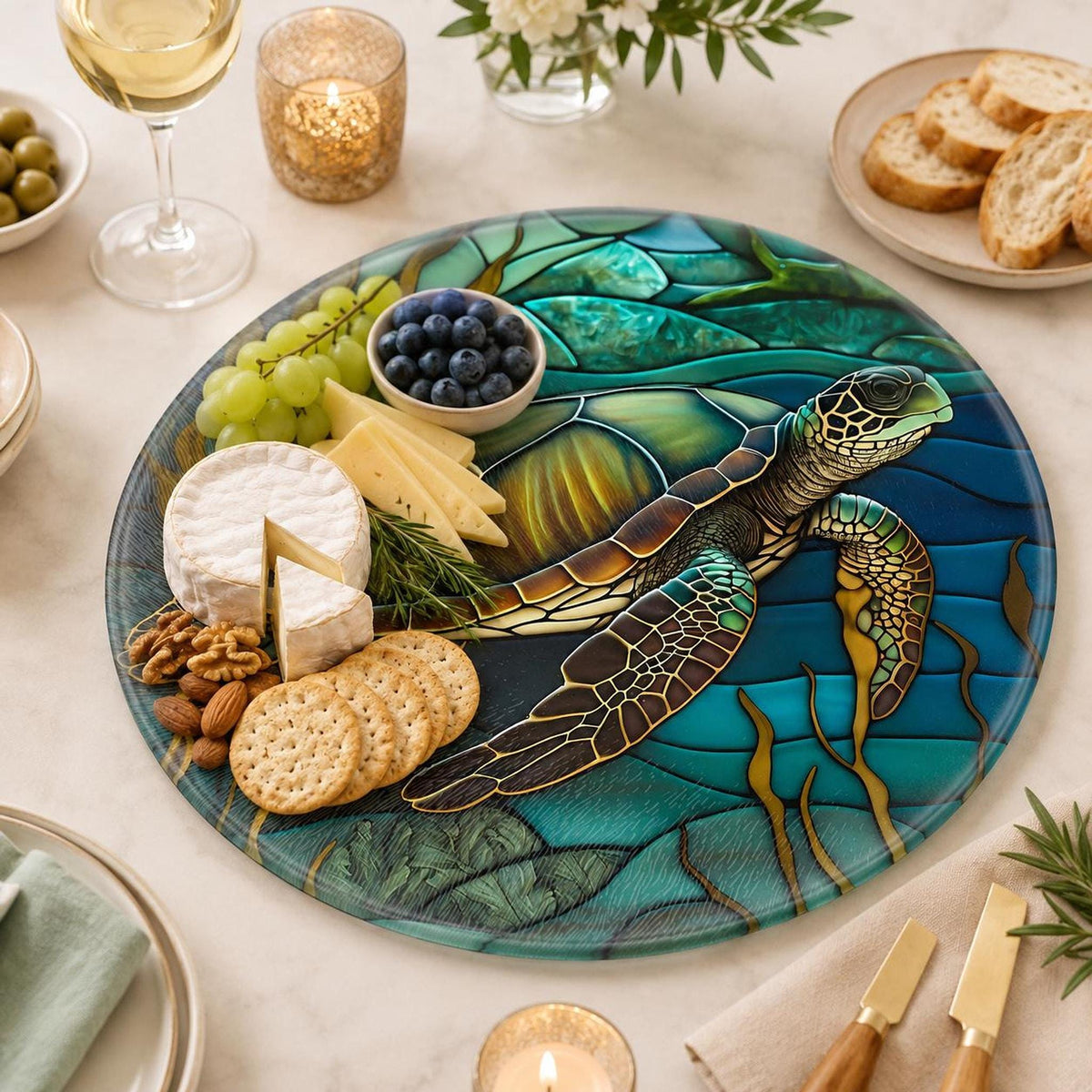 Turtle Cutting Board, Round Tempered Glass Charcuterie Tray with Ocean Design