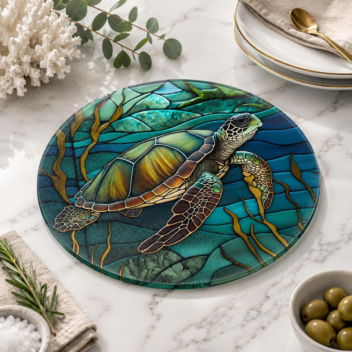 Turtle Cutting Board, Round Tempered Glass Charcuterie Tray with Ocean Design