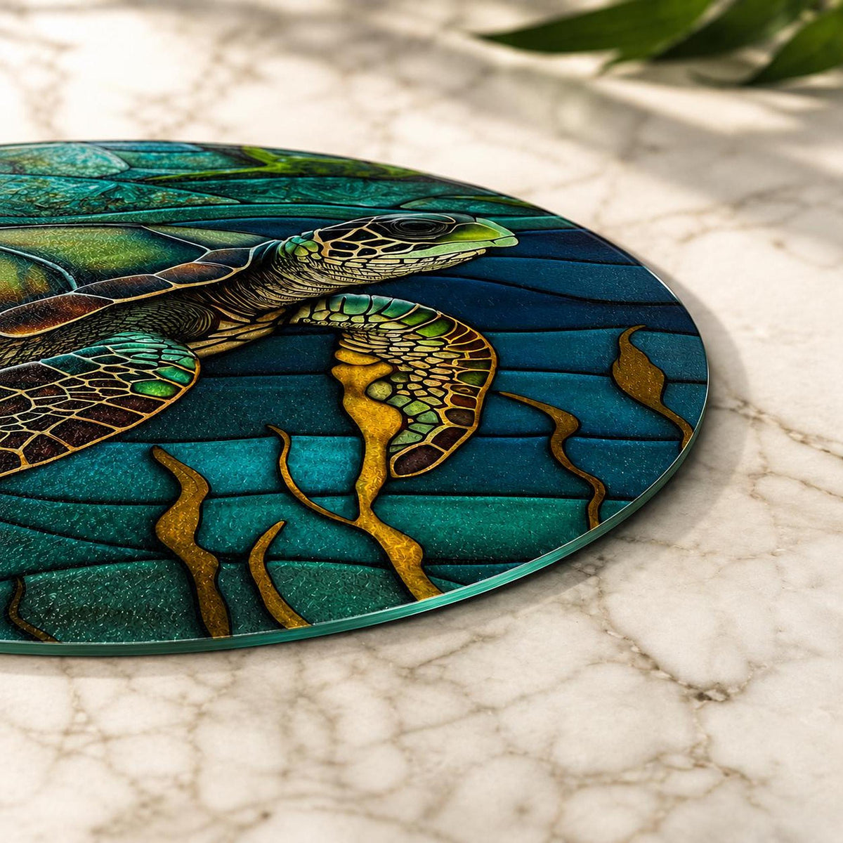 Turtle Cutting Board, Round Tempered Glass Charcuterie Tray with Ocean Design