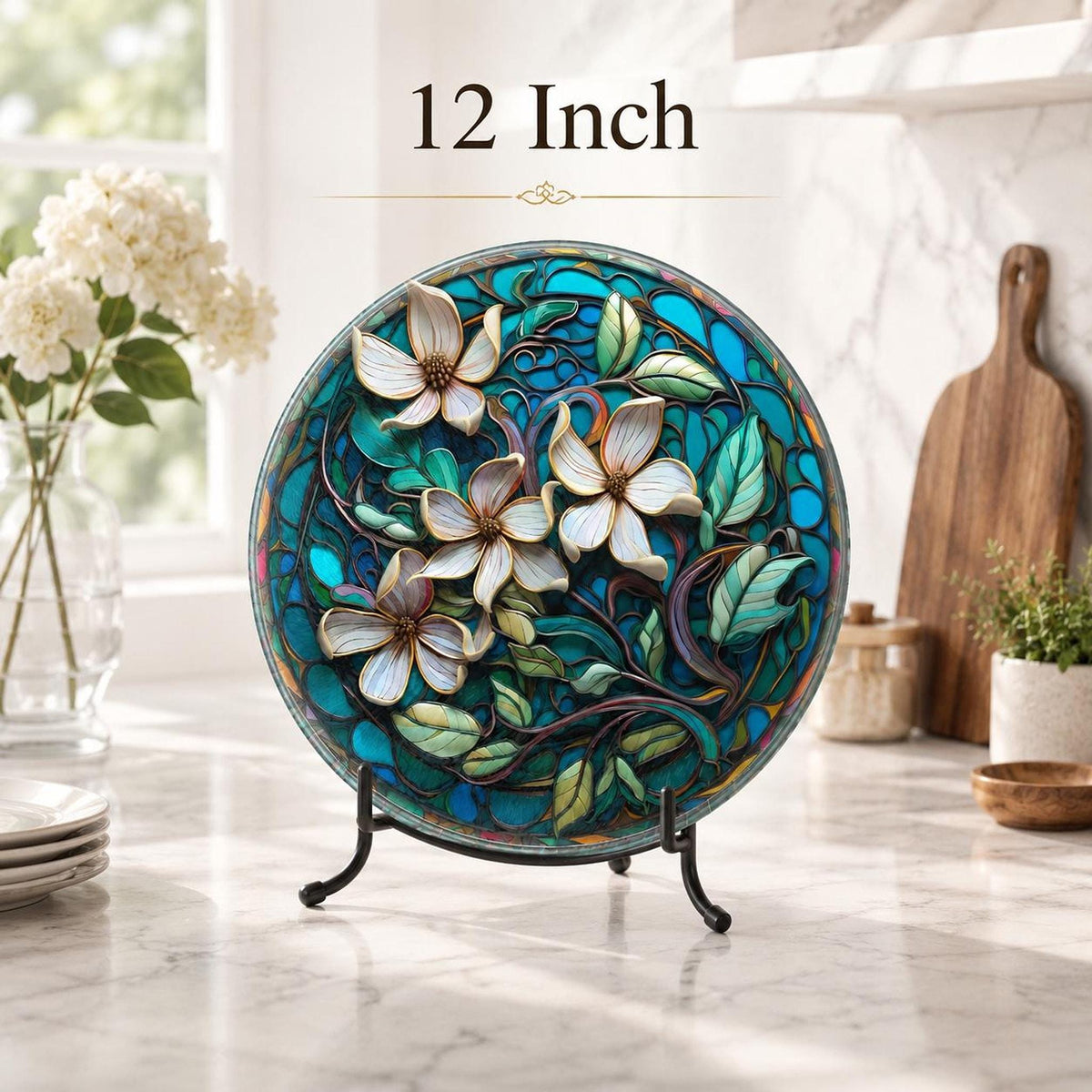 Floral Glass Cutting Board, Round Tempered Charcuterie Tray