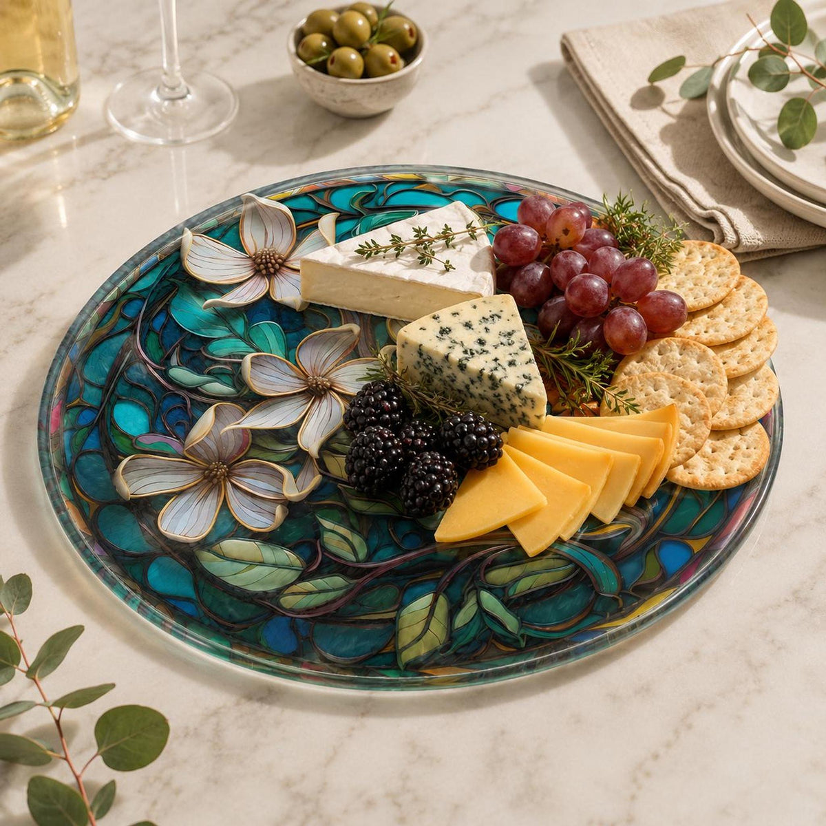 Floral Glass Cutting Board, Round Tempered Charcuterie Tray