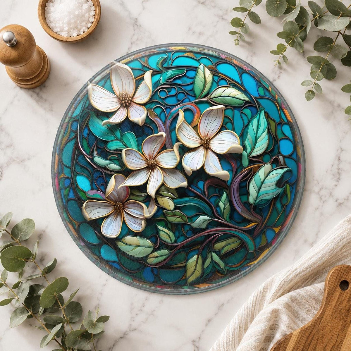Floral Glass Cutting Board, Round Tempered Charcuterie Tray
