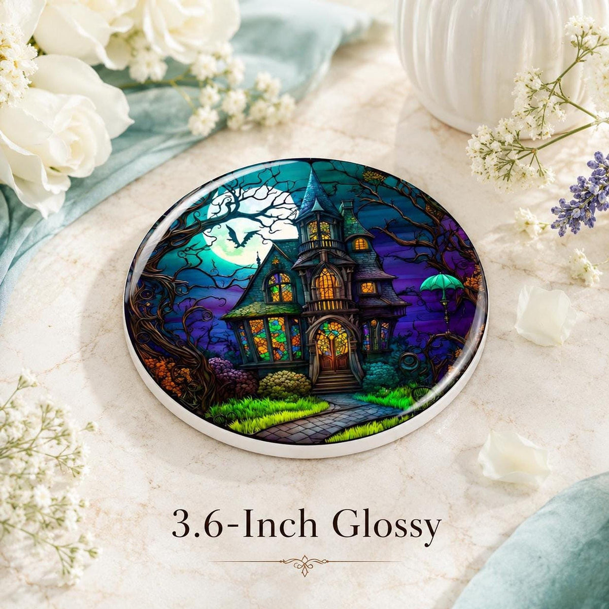 Haunted Coaster with Spooky Victorian Mansion Design, Ceramic Drink Mat