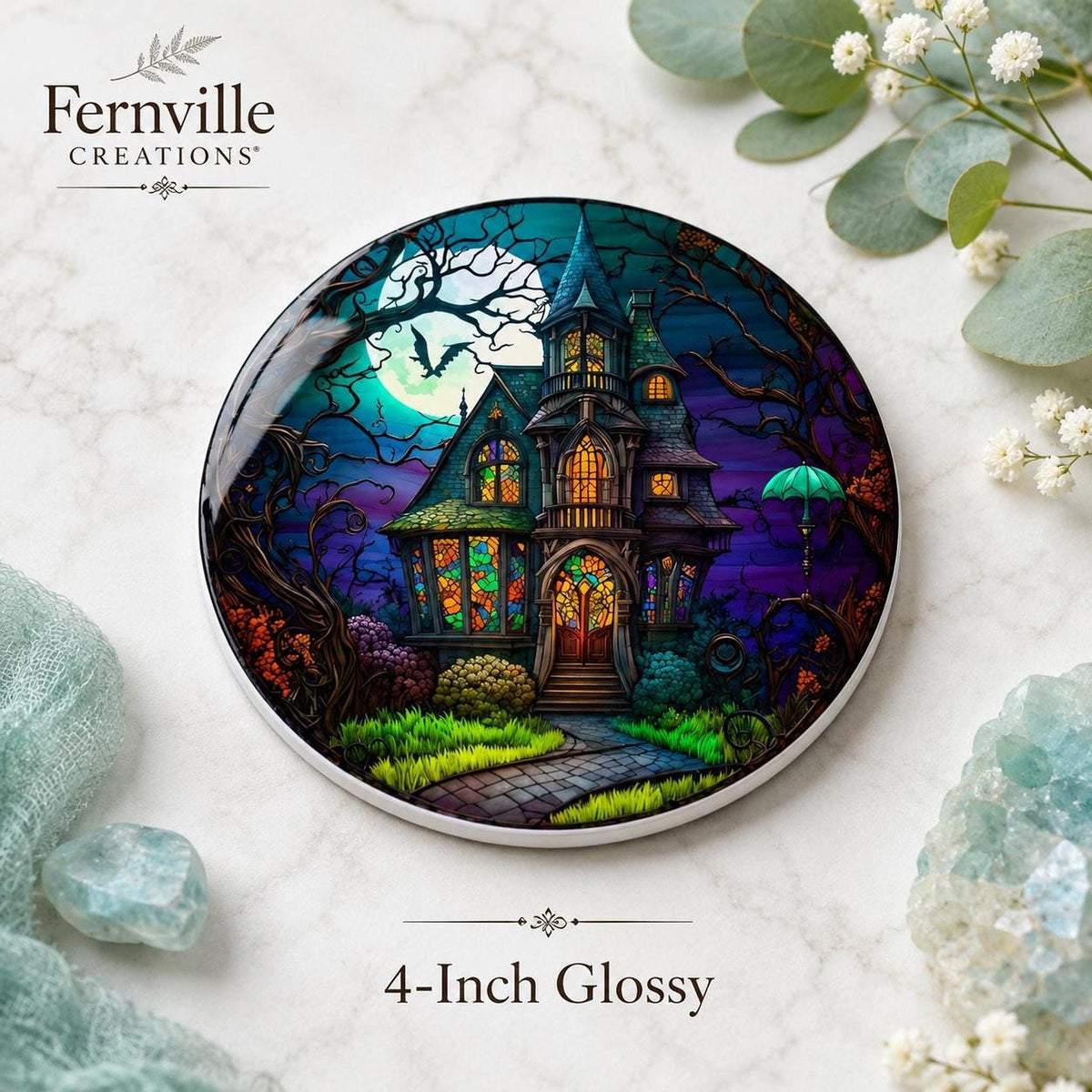 Haunted Coaster with Spooky Victorian Mansion Design, Ceramic Drink Mat