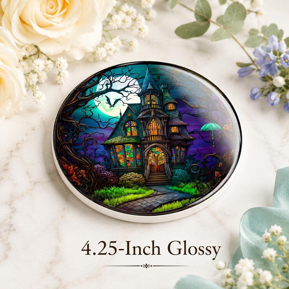 Haunted Coaster with Spooky Victorian Mansion Design, Ceramic Drink Mat