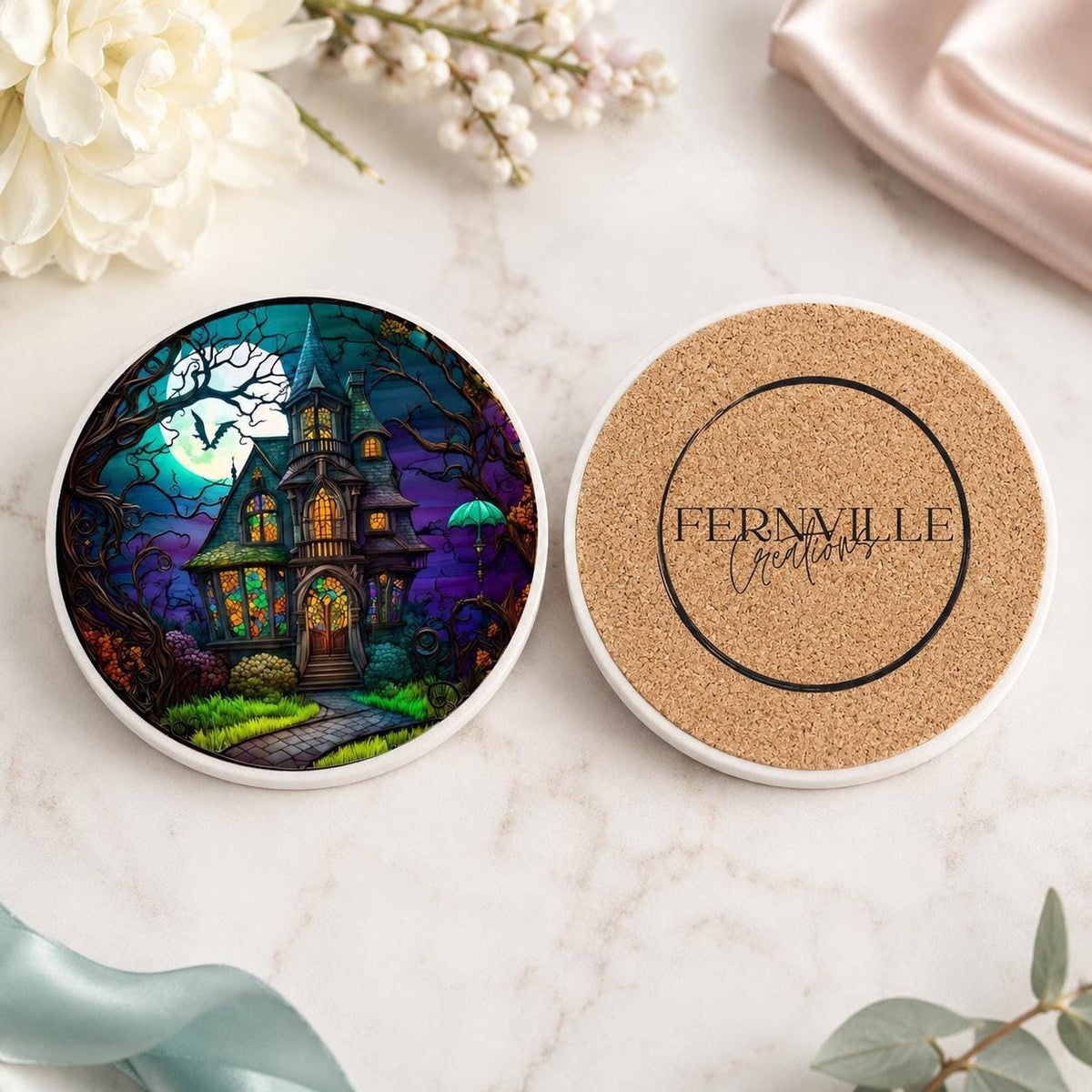 Haunted Coaster with Spooky Victorian Mansion Design, Ceramic Drink Mat