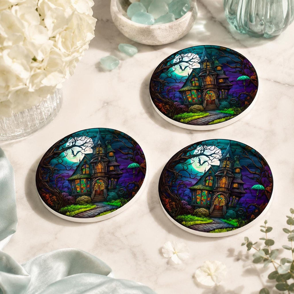 Haunted Coaster with Spooky Victorian Mansion Design, Ceramic Drink Mat
