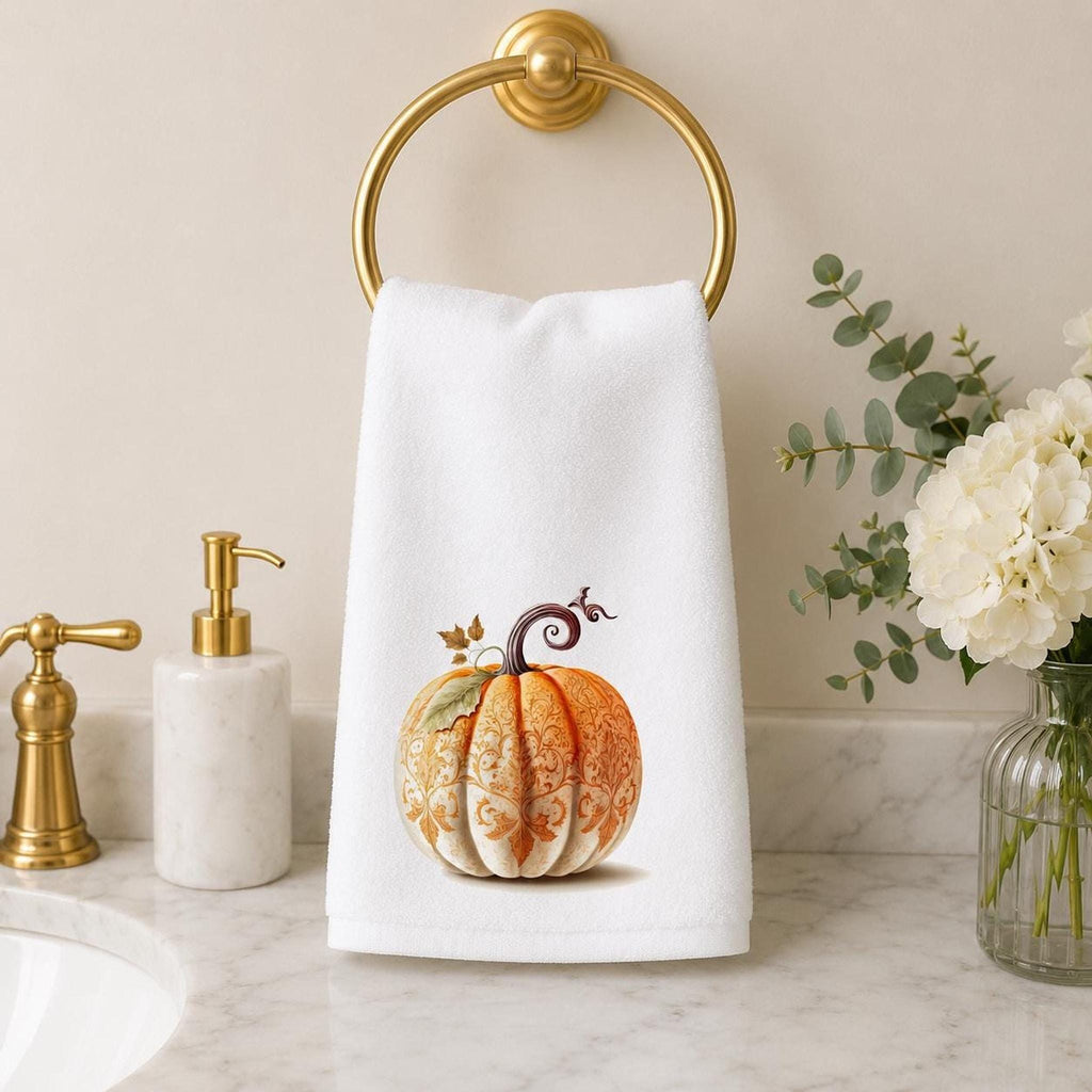 Fall Hand Towel with Ornate Pumpkin Design, Elegant Autumn Decor
