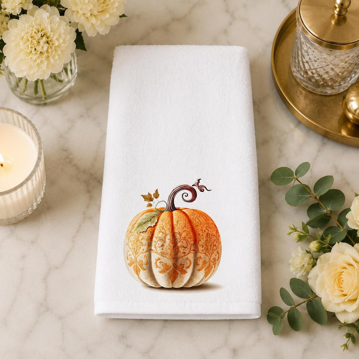 Fall Hand Towel with Ornate Pumpkin Design, Elegant Autumn Decor