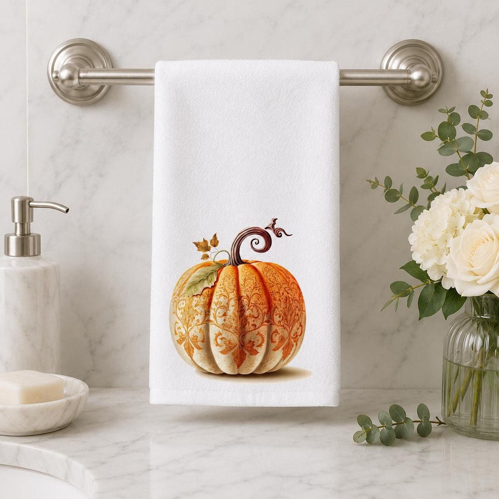 Fall Hand Towel with Ornate Pumpkin Design, Elegant Autumn Decor