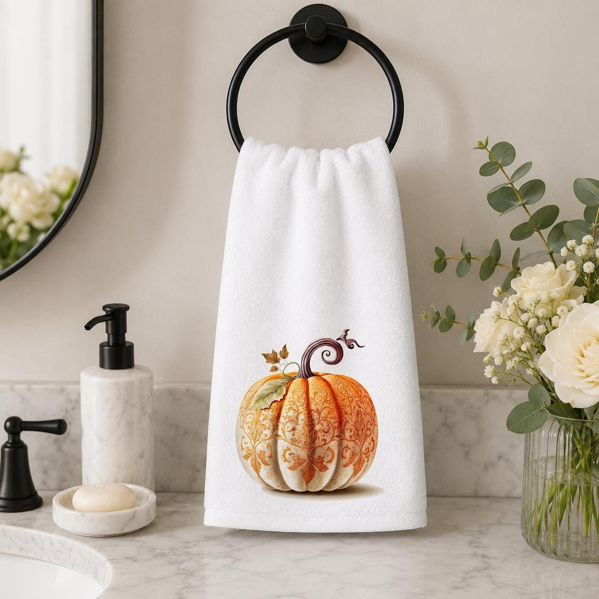 Fall Hand Towel with Ornate Pumpkin Design, Elegant Autumn Decor