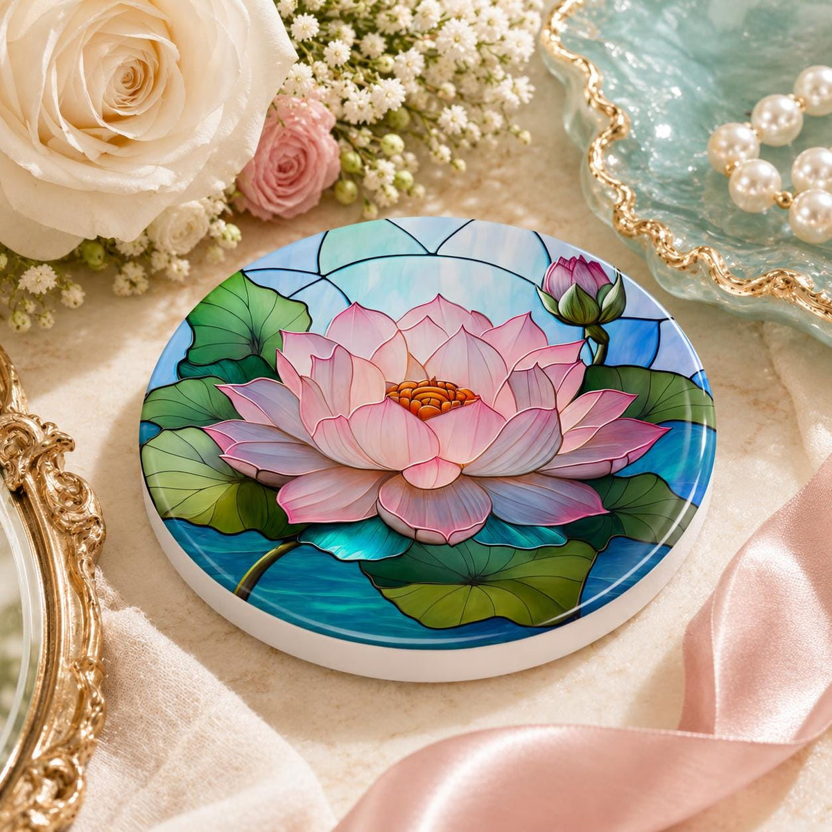 Lotus Lily Ceramic Coaster, Round Botanical Drink Mat, Spa Garden Decor