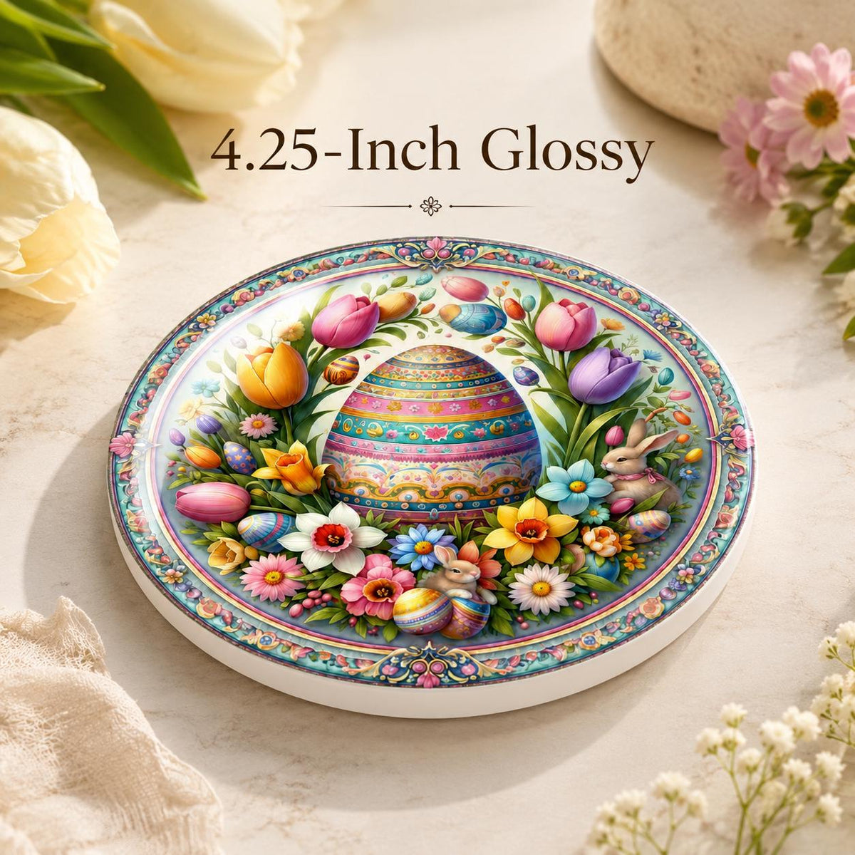 Easter Egg Ceramic Coaster, Spring Bunny Drink Mat, Floral Pastel Table Decor